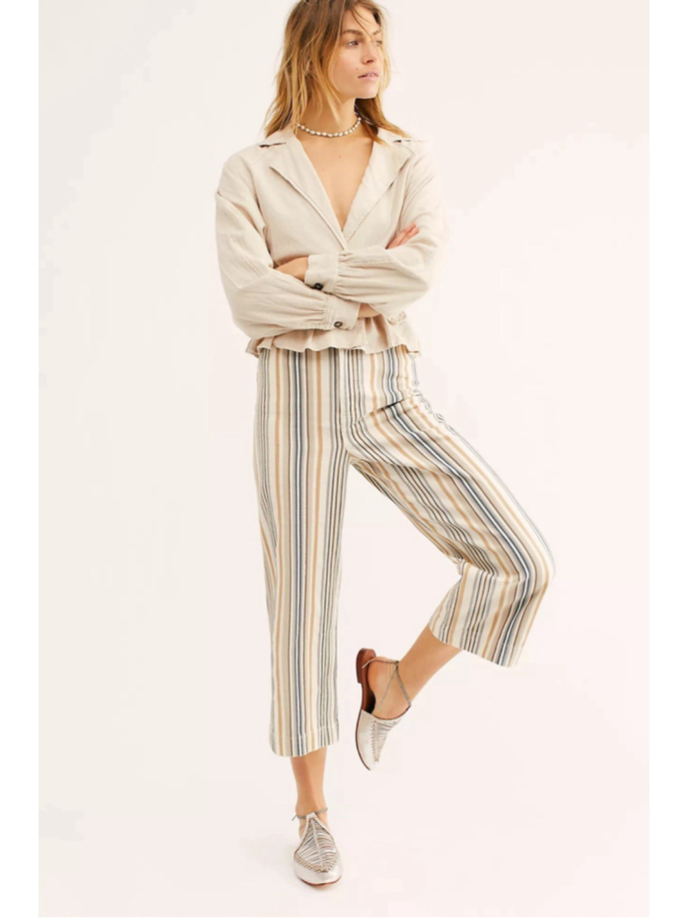 Free People We The Free Patti Striped Trouser Pants Crop Wide Leg 25 High Rise
